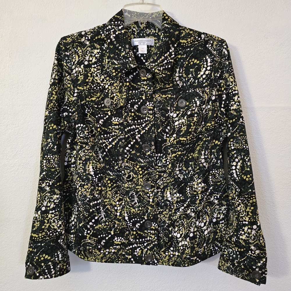 Large Petite Christopher & Banks Black and Green Patterned Jacket